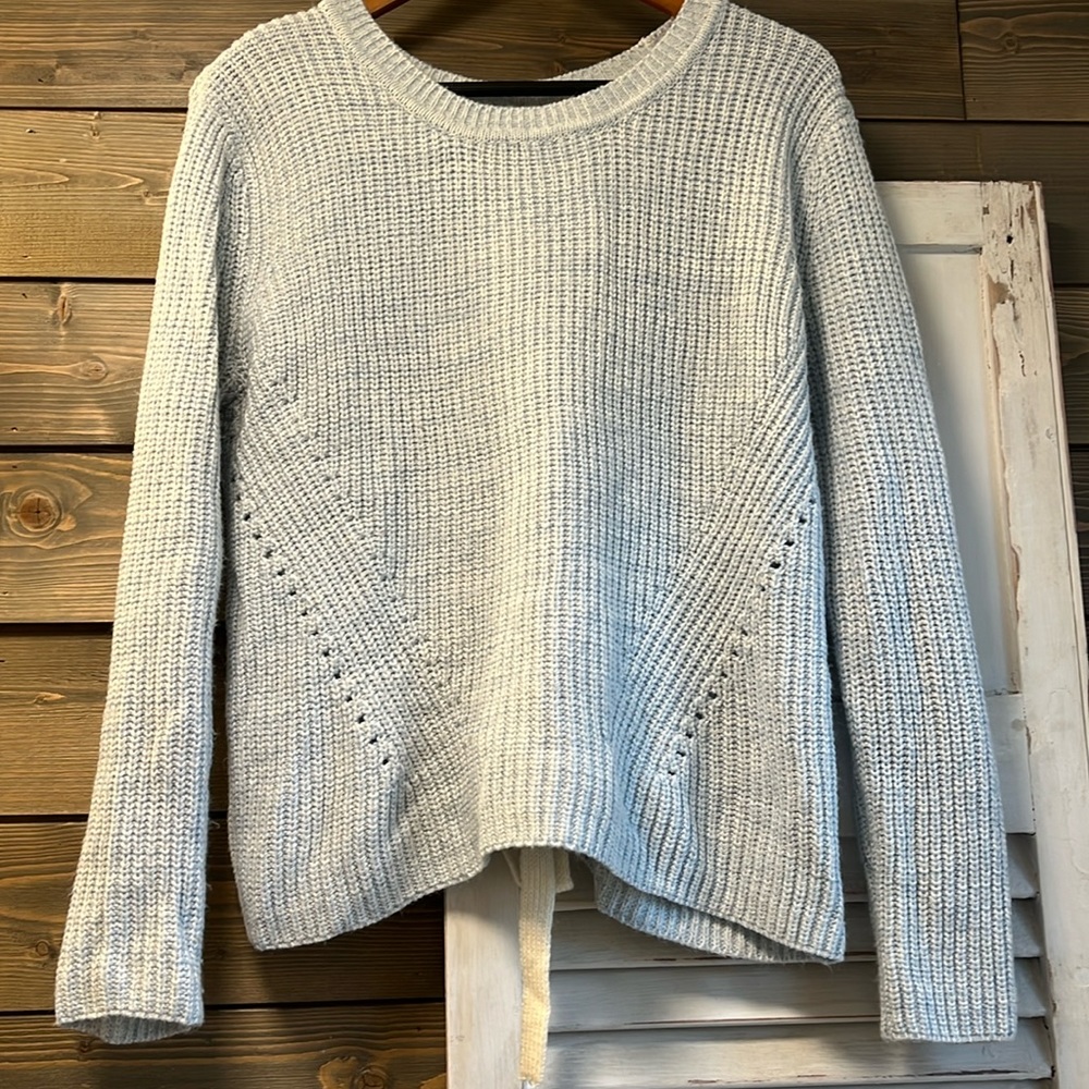 Baby blue and white lace back sweater S